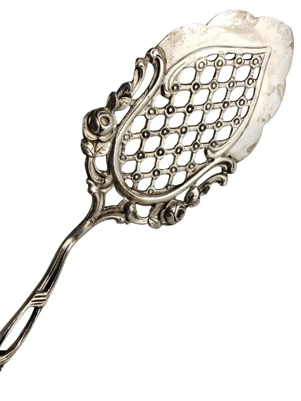 Antique German 800 European Silver Rose Pattern Pastry Tong & Server Set